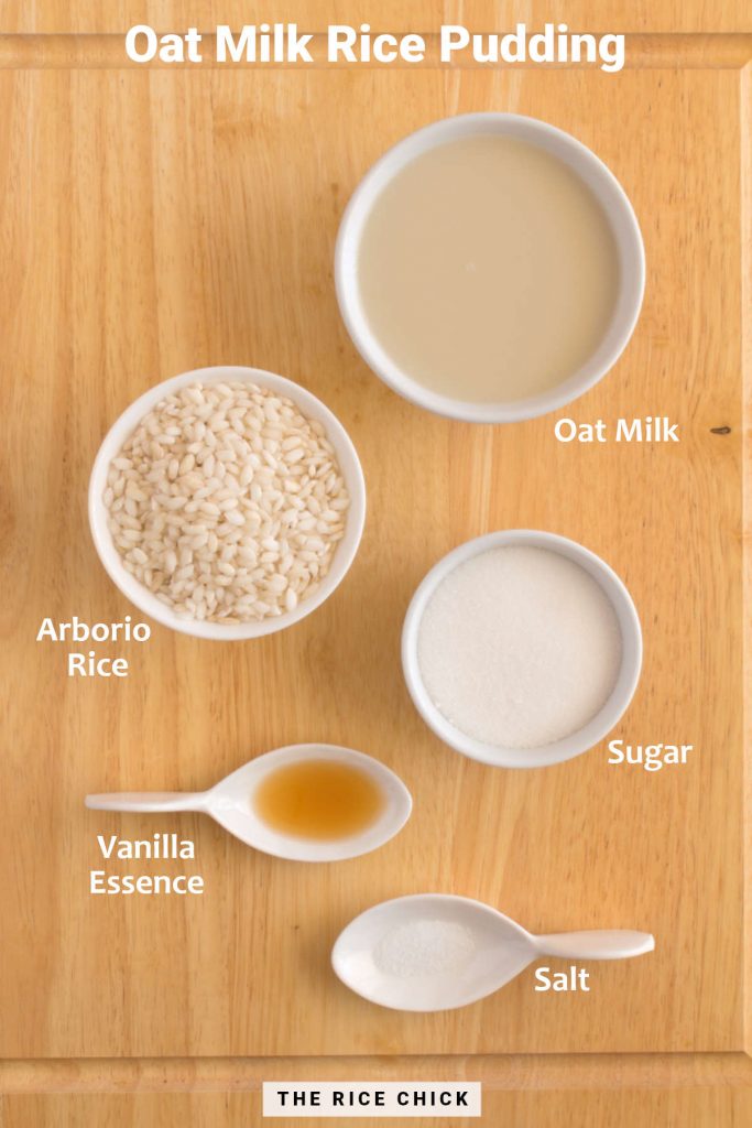 Ingredients for oat milk rice pudding.