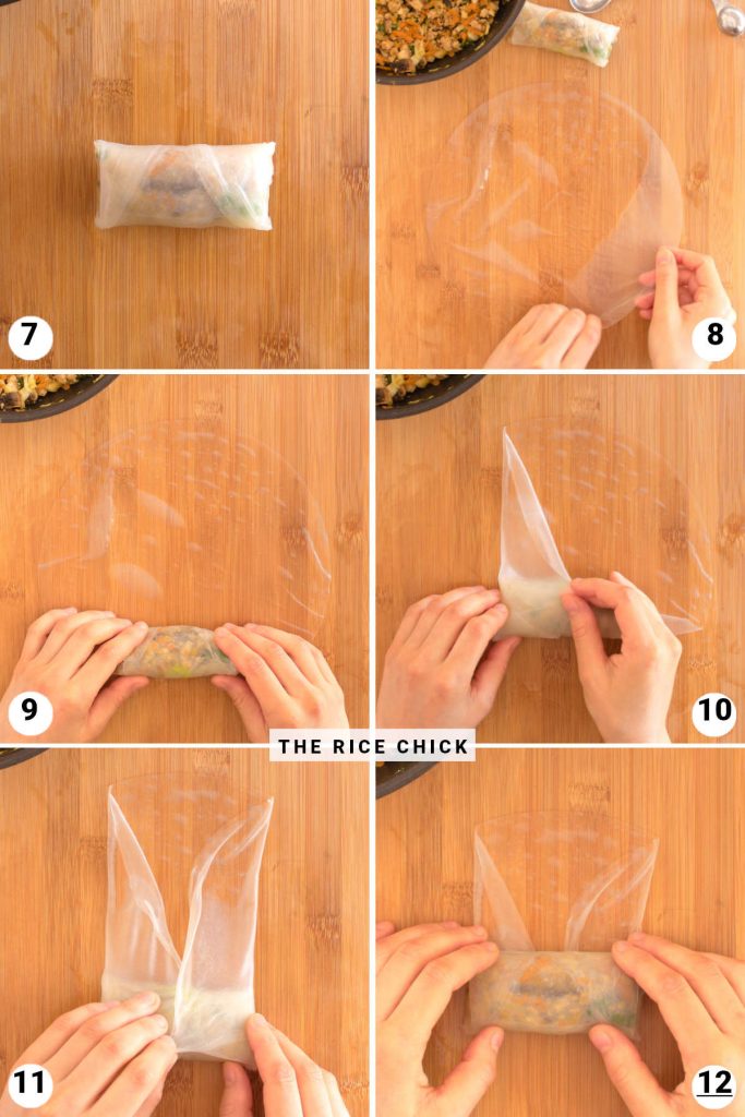 Rolling and wrapping rice paper rolls.