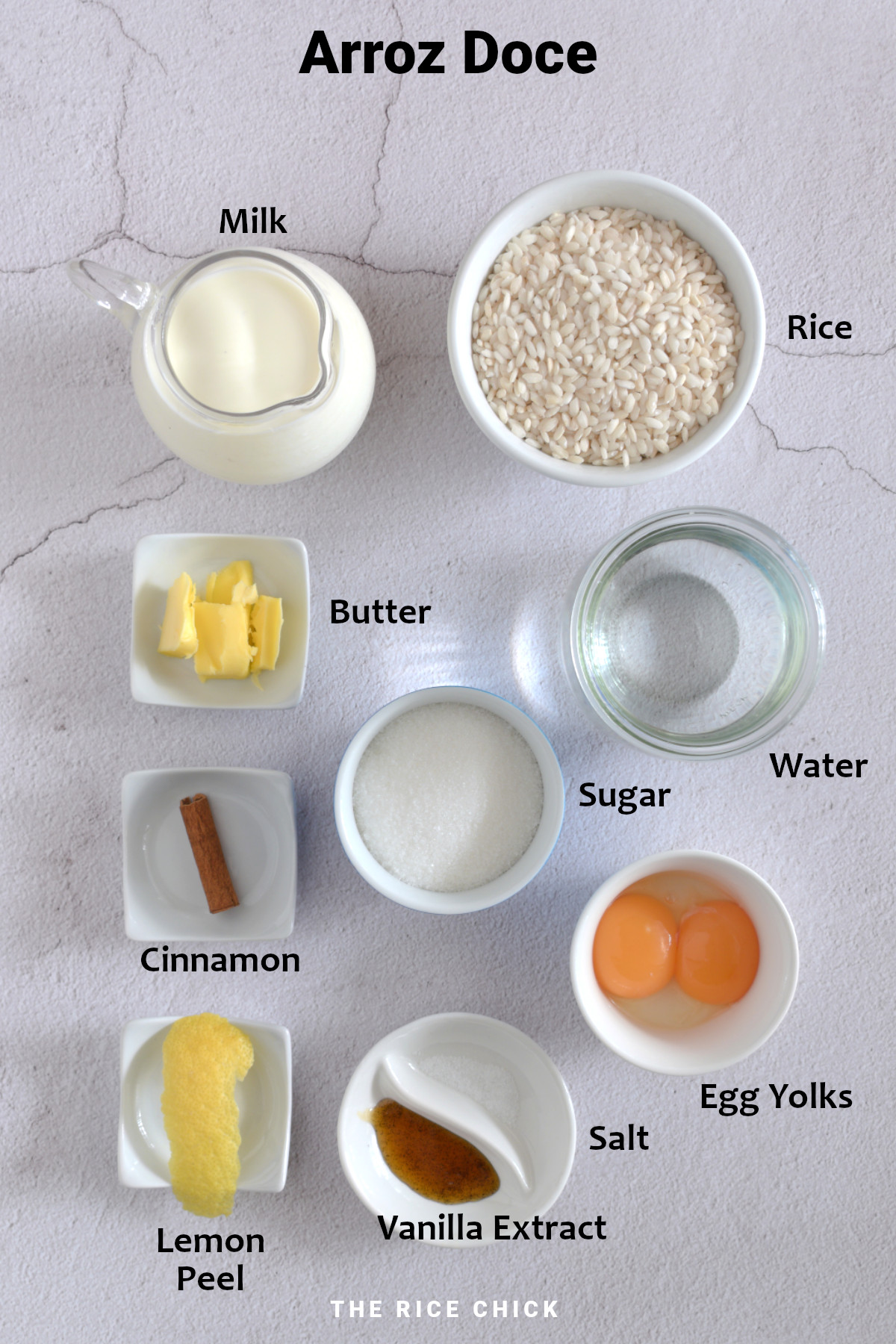 Ingredients for arroz doce.