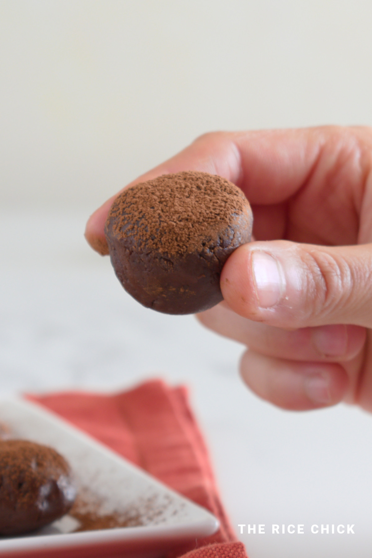 A piece of chocolate mochi being held in a hand.