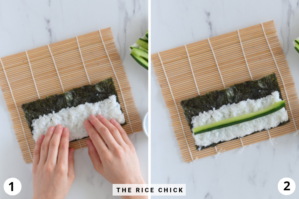 Preparing hosomaki sushi for rolling by placing the rice and filling on the seaweed.