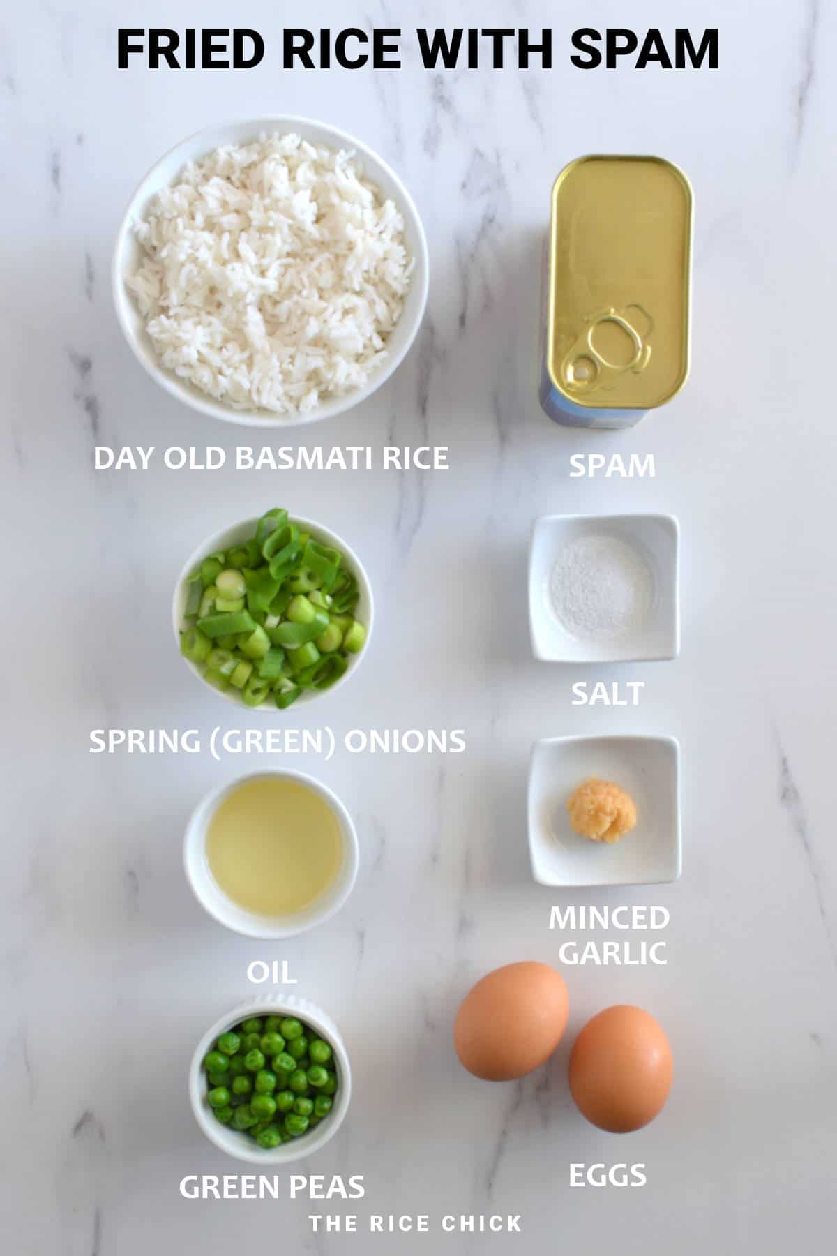Ingredients fried rice with spam.