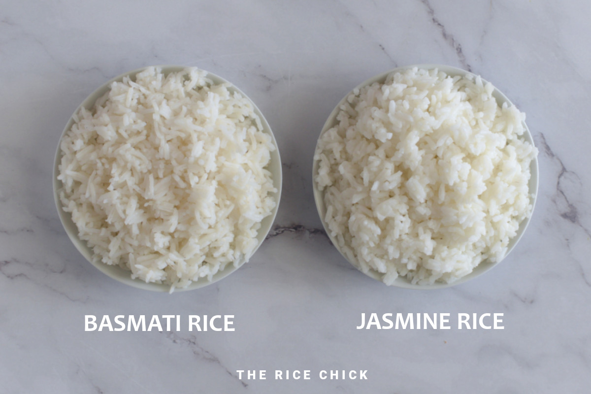 A plate of cooked basmati rice and a plate of cooked jasmine rice.