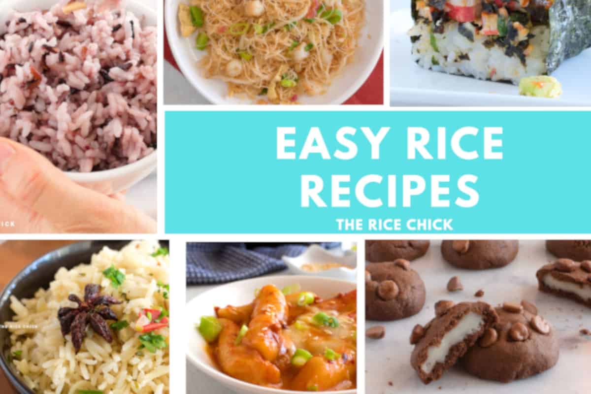 A collage of images showing recipes made with rice.