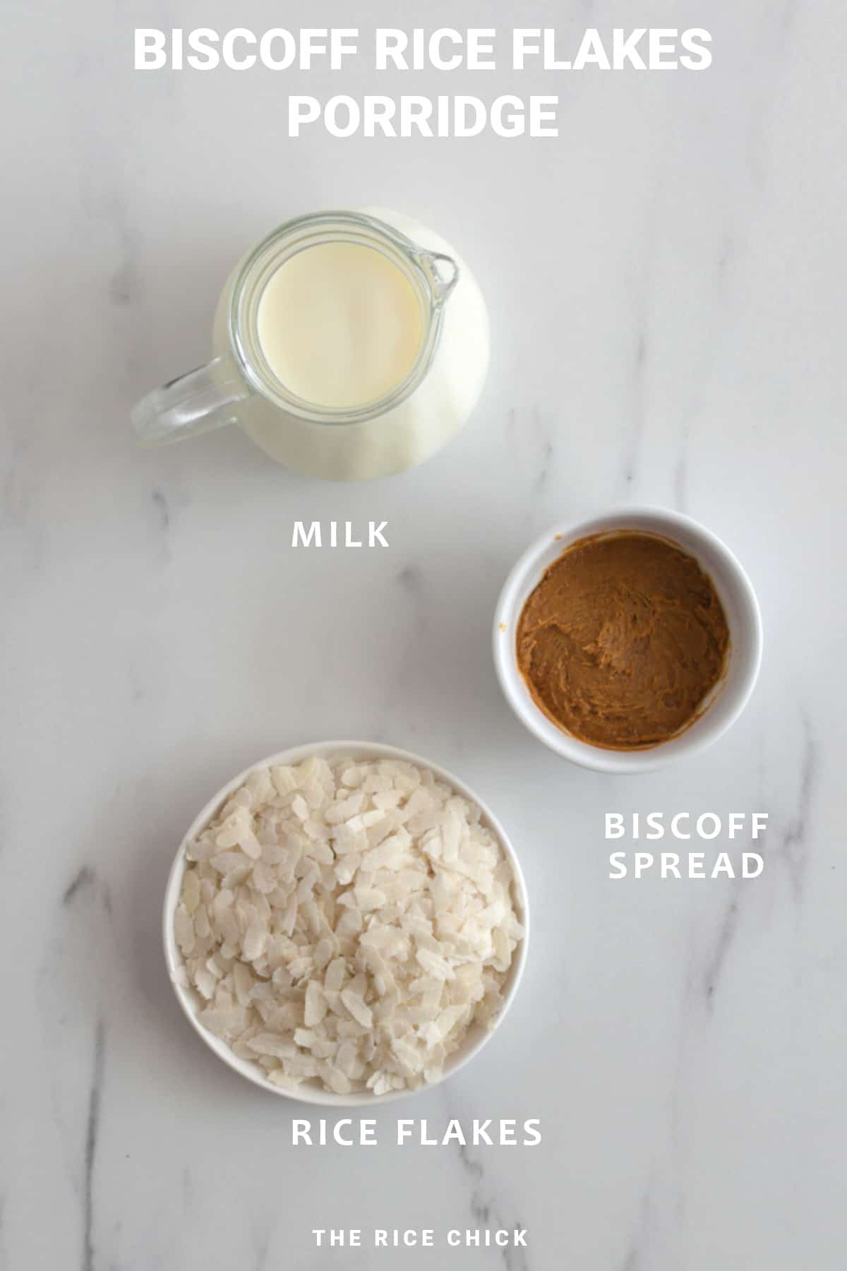 Ingredients for biscoff rice flakes porridge.