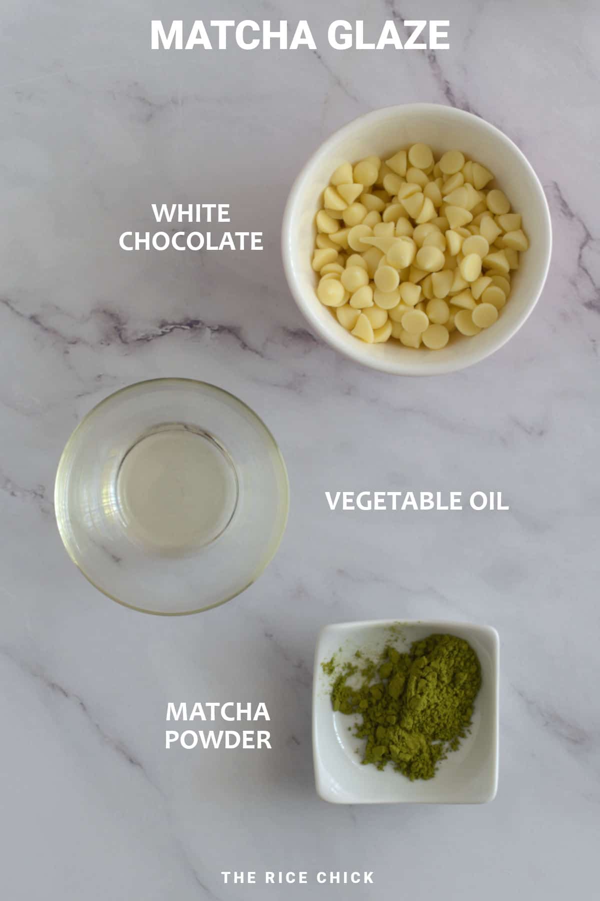 Ingredients for matcha glaze for matcha mochi donuts.