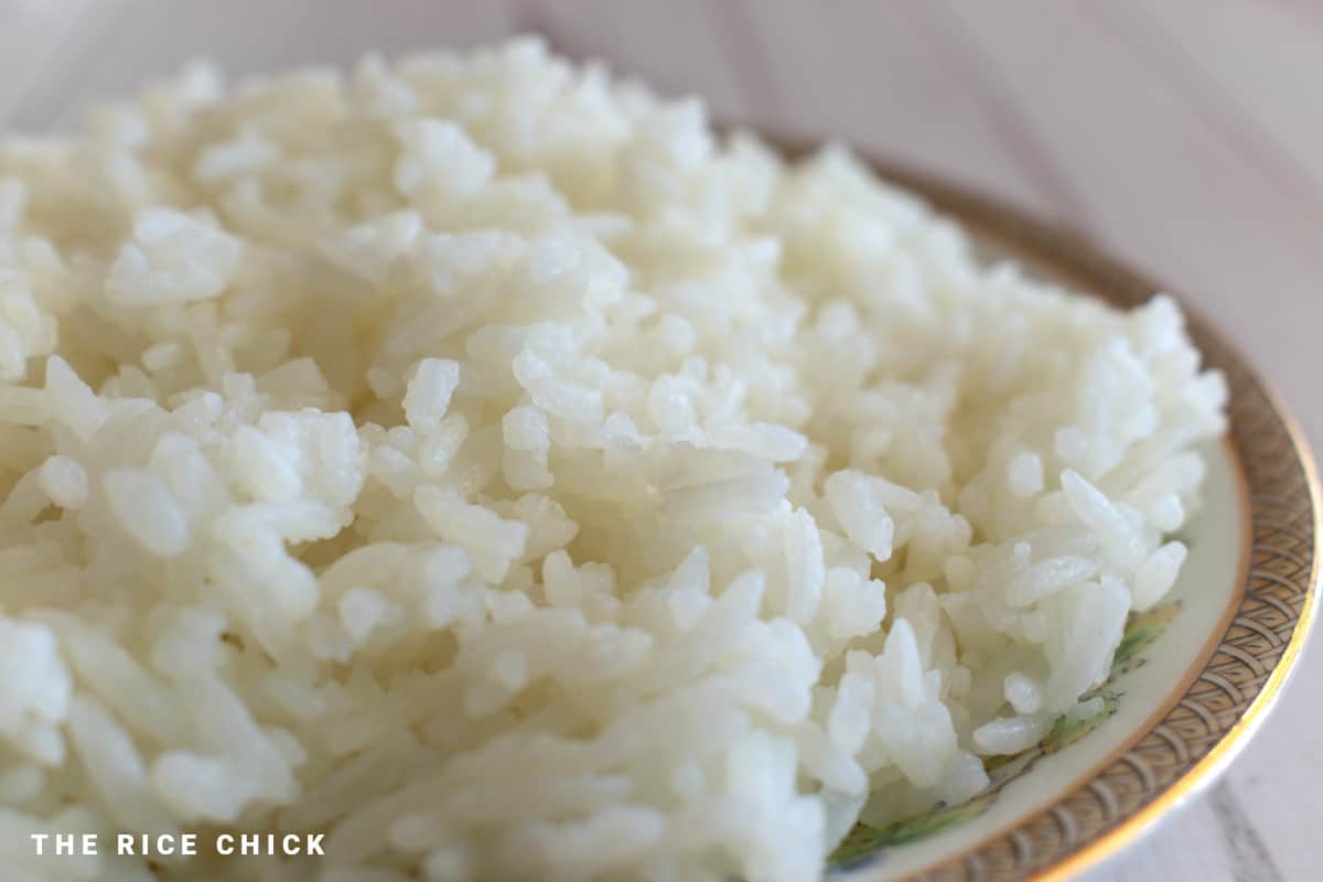 Close up image of cooked jasmine rice in a plate.