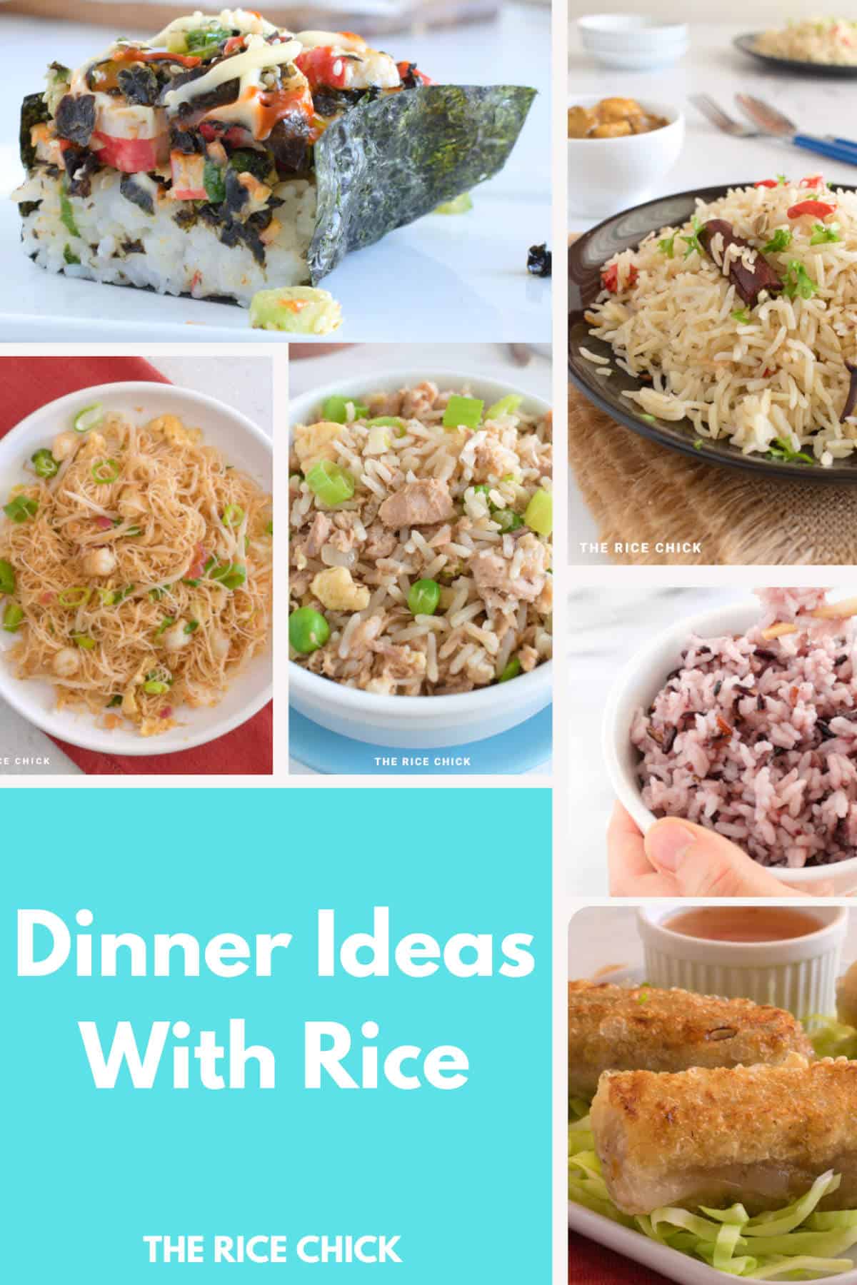 A collection of images of rice dishes including pad mee, sushi bake, tuna fried rice, purple Korean rice, crispy rice paper rolls, and jeera rice.