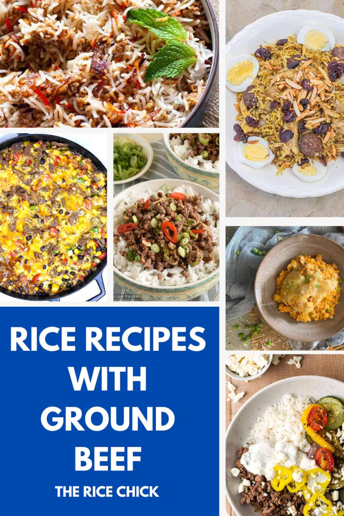 A collection of images for rice recipes with ground beef.