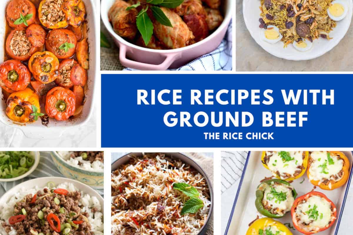 A collage of images for recipes with ground beef and rice.