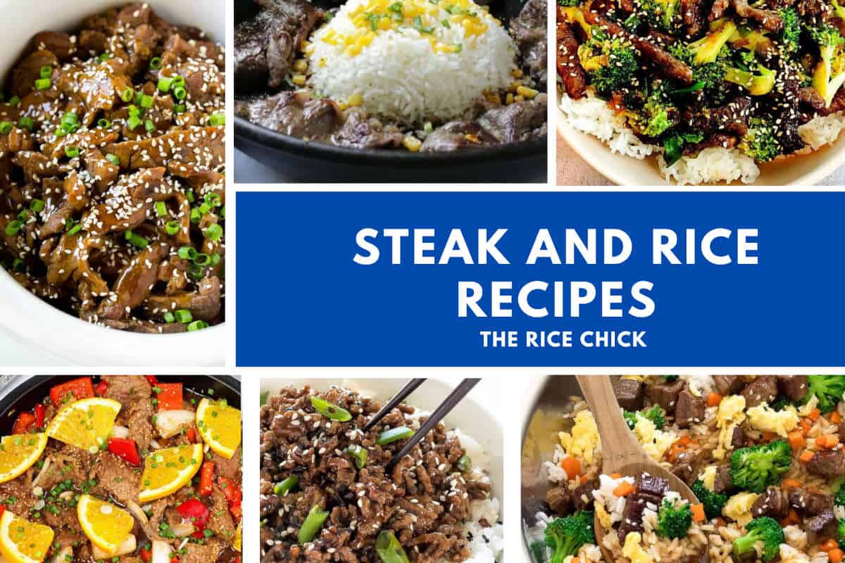 Collection of images of recipes for steak and rice.