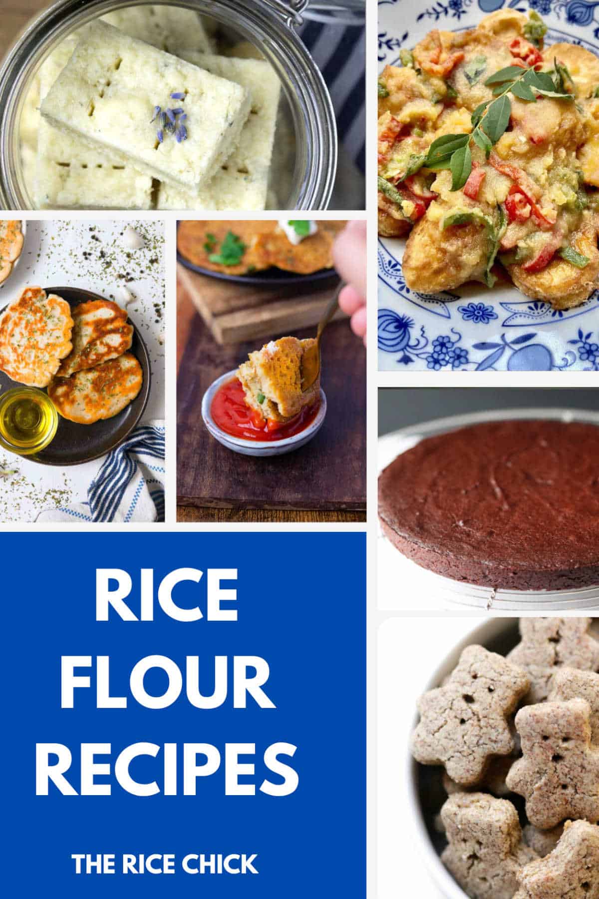 Collage of images for recipes that can be made with rice flour.