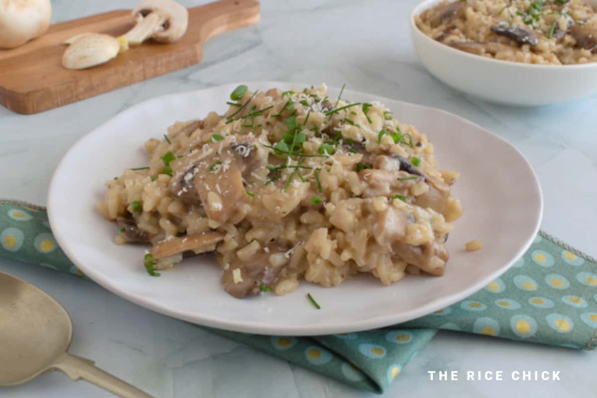 Close up image of mushroom risotto on a plate.