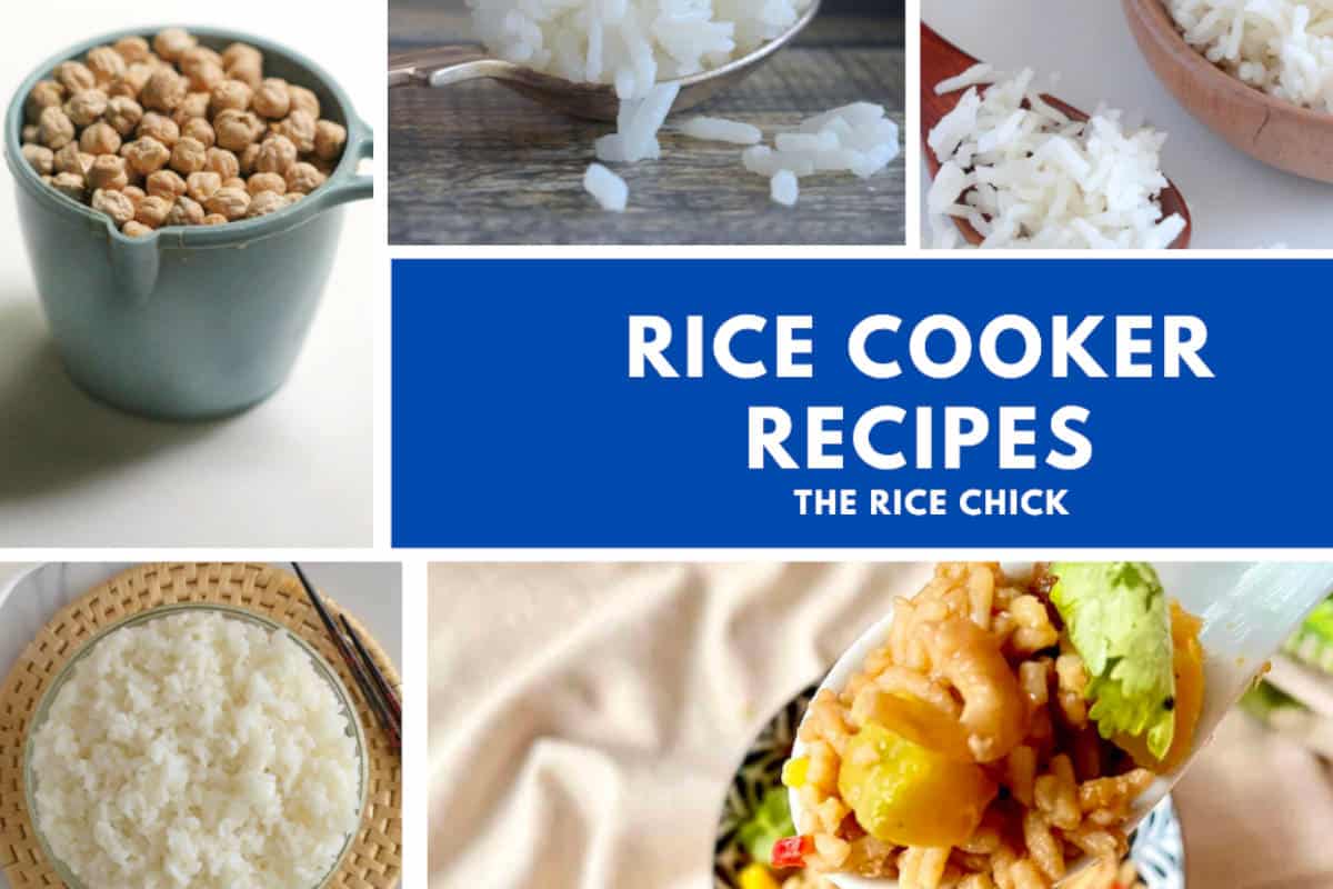 Collection of different images for rice cooker recipes.