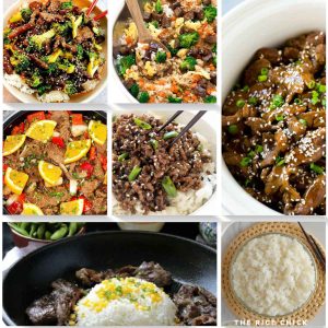 Collage of different images for steak and rice recipes.