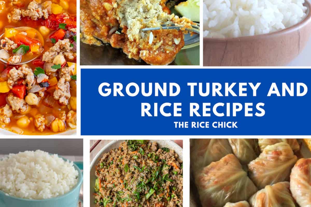 Collage of different images for recipes for ground turkey and rice.