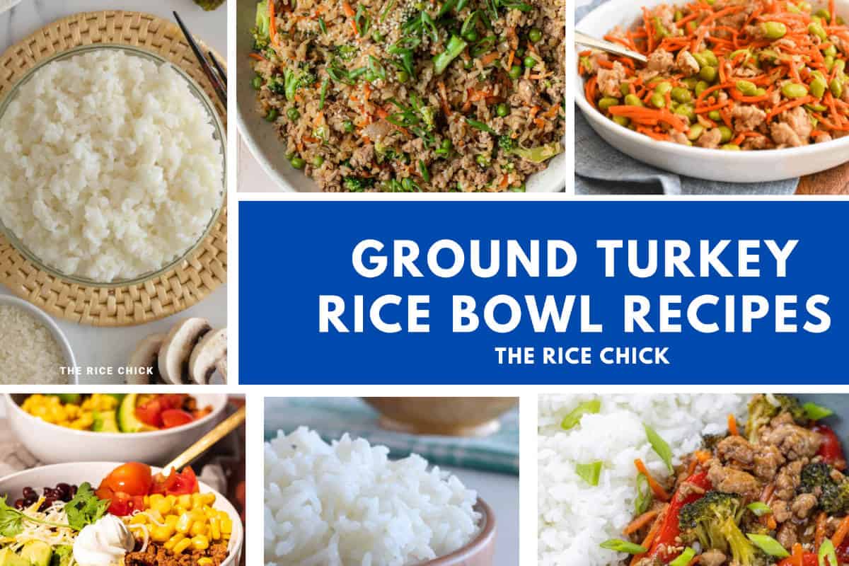 Collection of images of ground turkey rice bowls recipes.