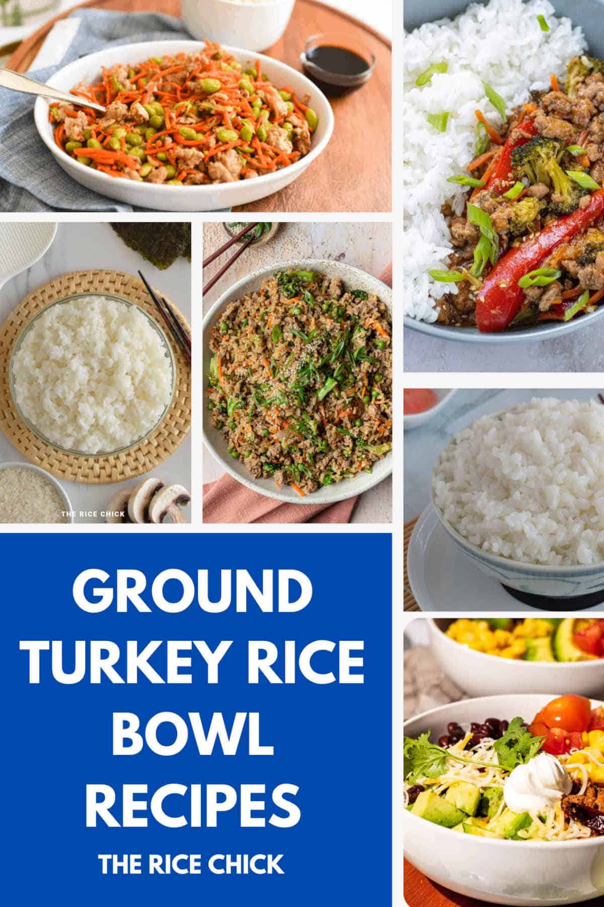 Collage of images for ground turkey rice bowls.