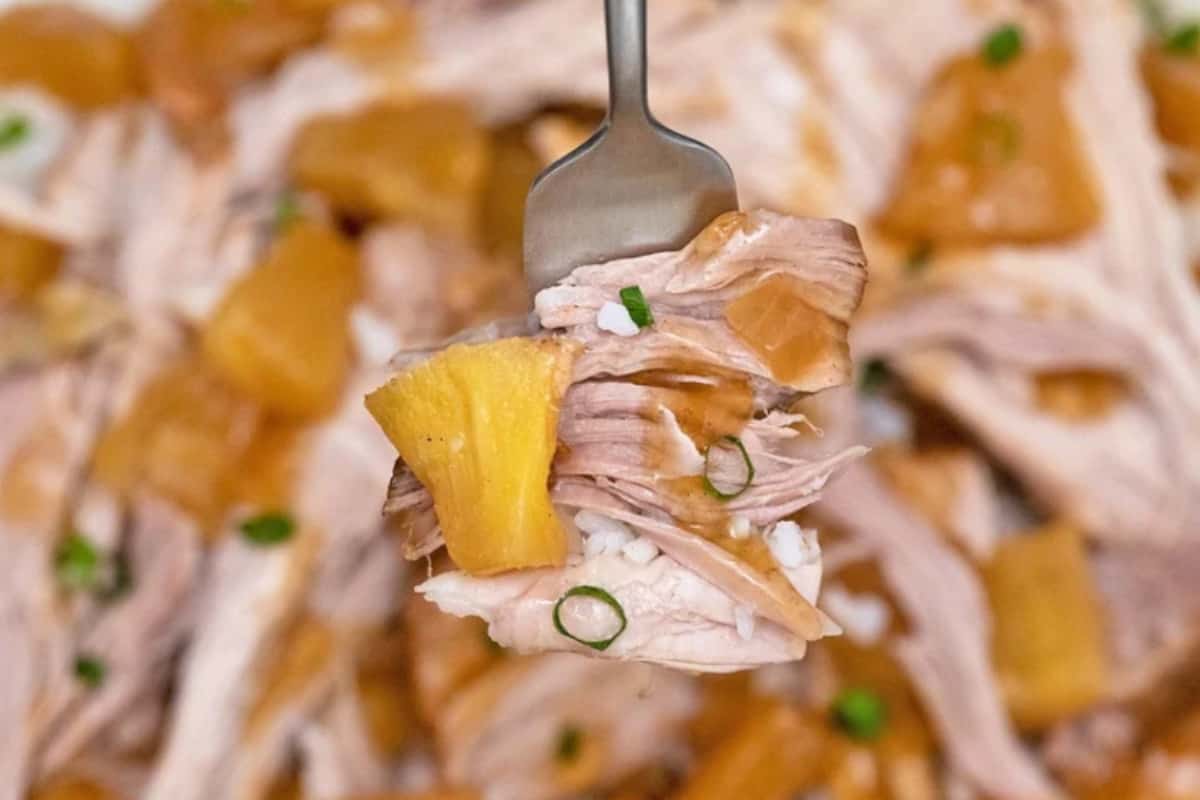 Close up image of a piece of Hawaiian pork loin on a fork.