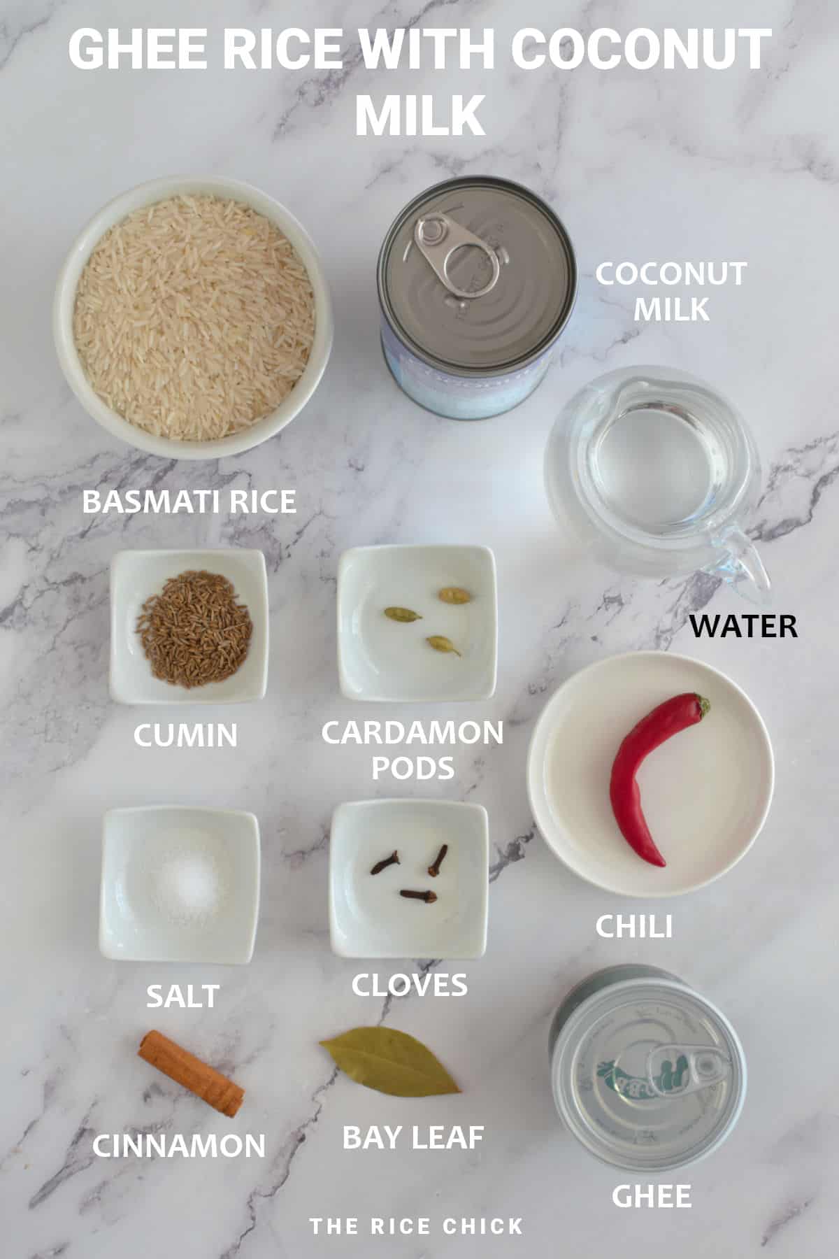 Ingredients for ghee rice with coconut milk.