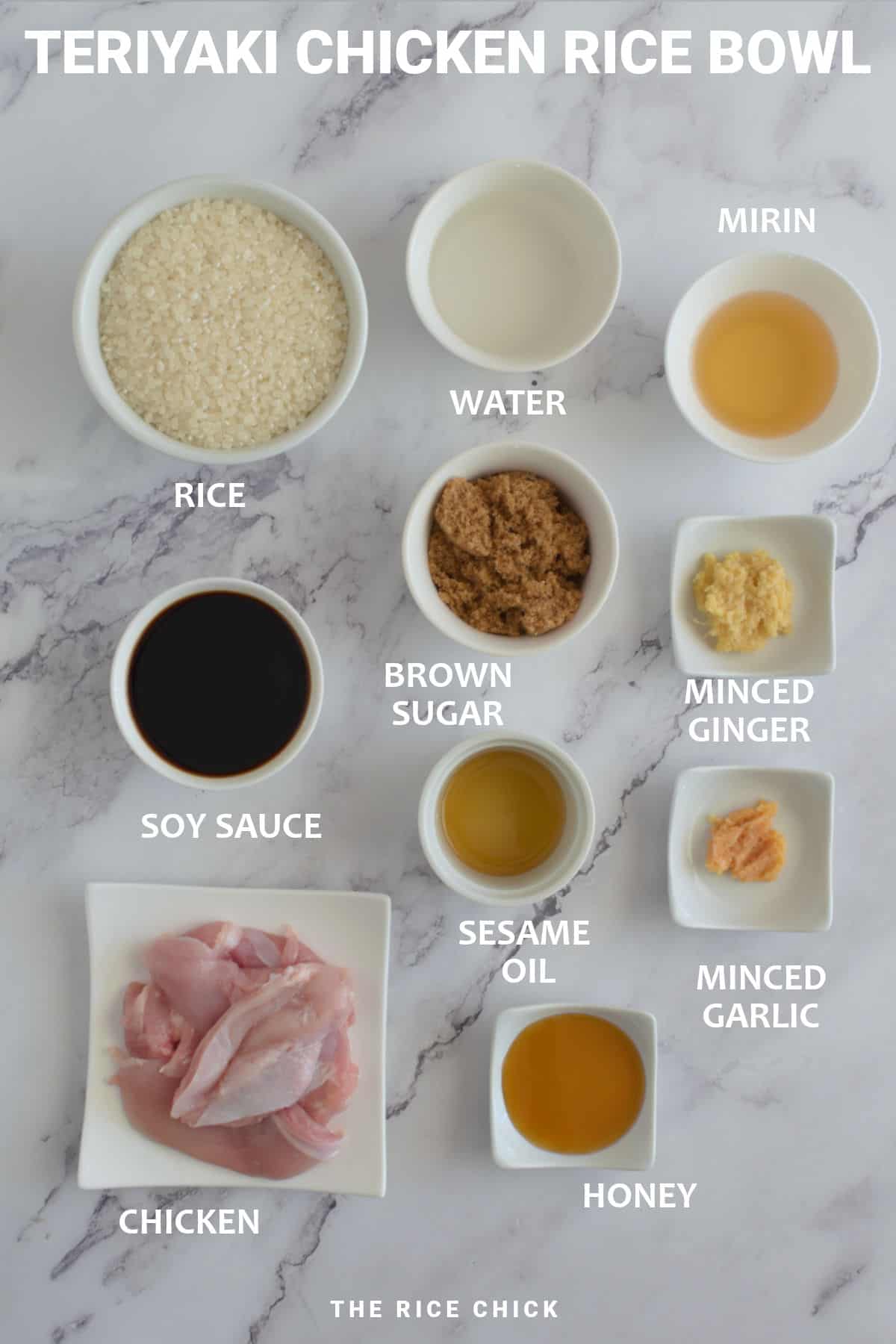 Ingredients for teriyaki chicken rice bowl.