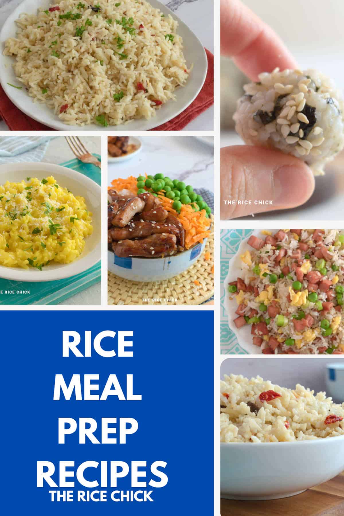 Collection of images of rice meal prep recipes.