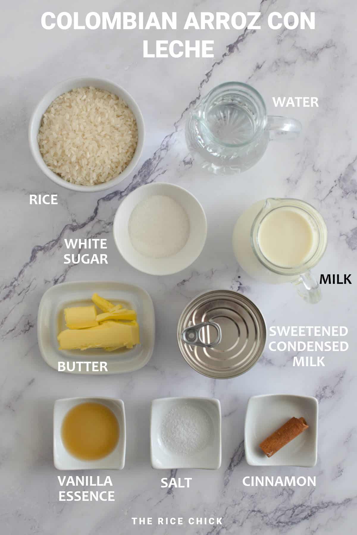 Ingredients for Colombian arroz con leche.