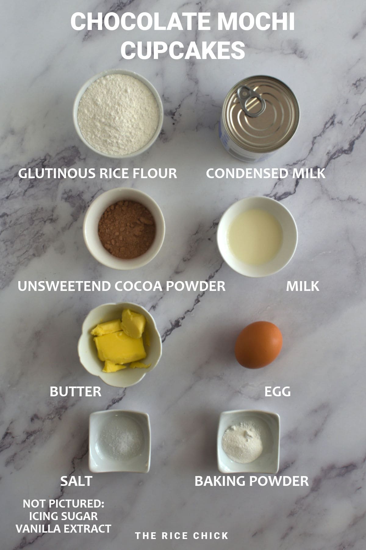 Ingredients for chocolate mochi cupcakes.