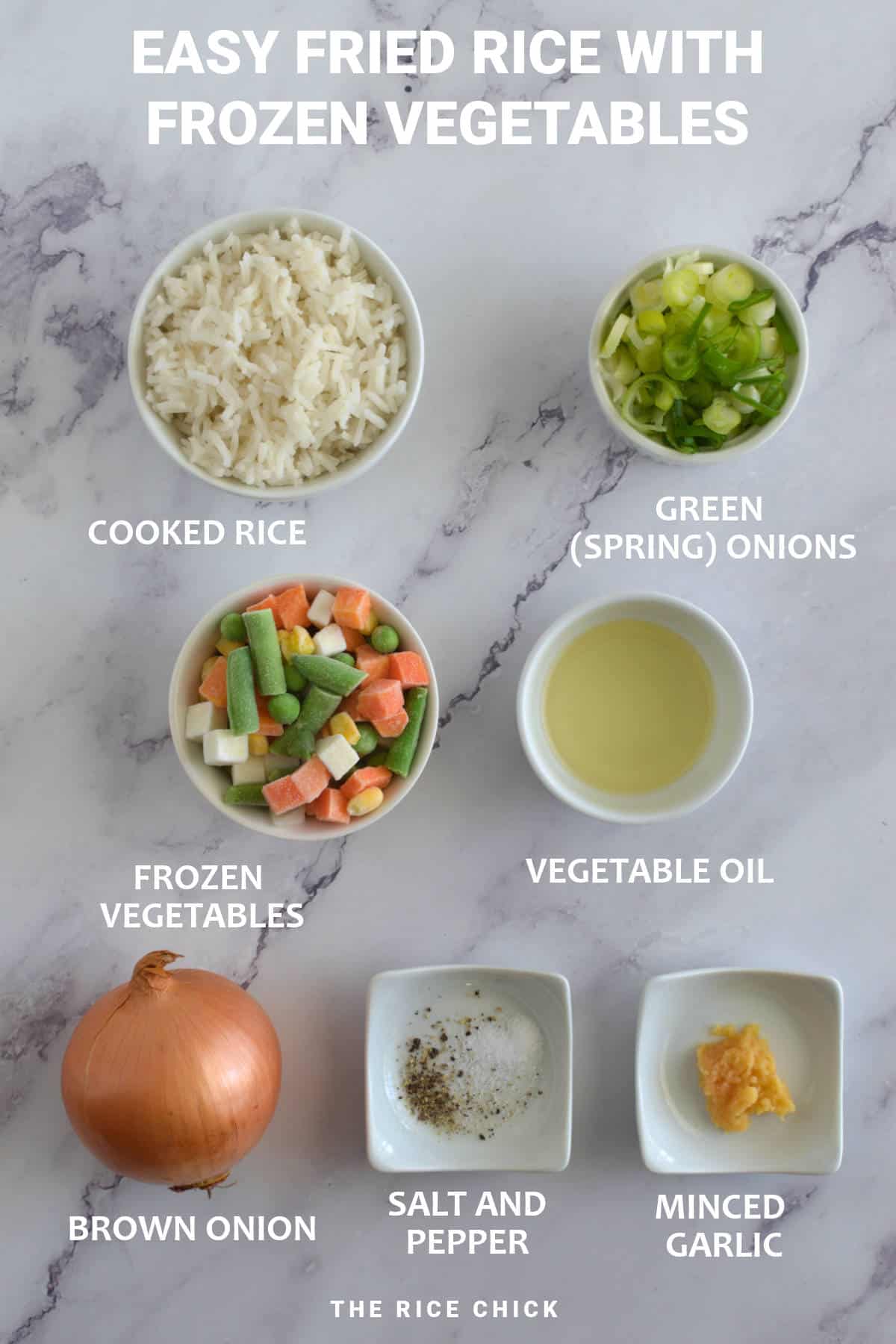 Ingredients for fried rice with frozen vegetables.