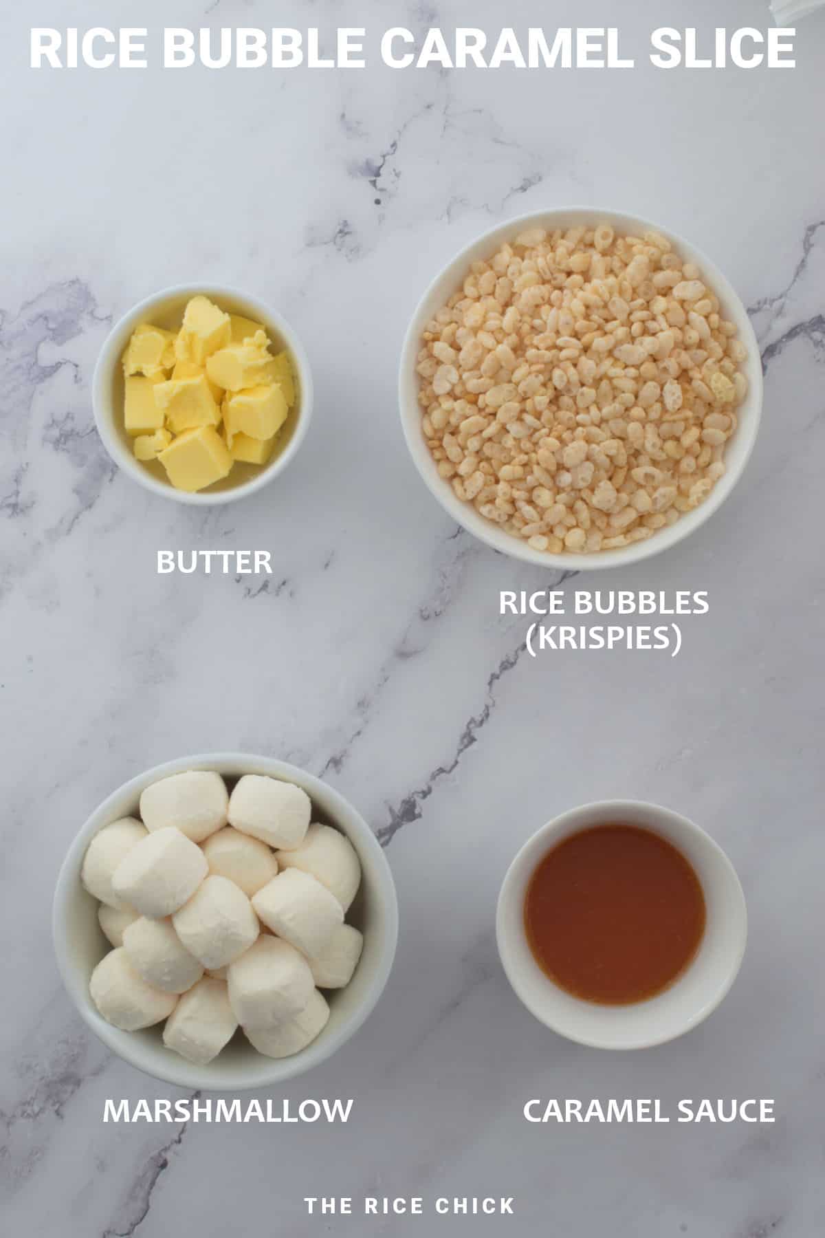 Ingredients for rice bubble caramel slice.