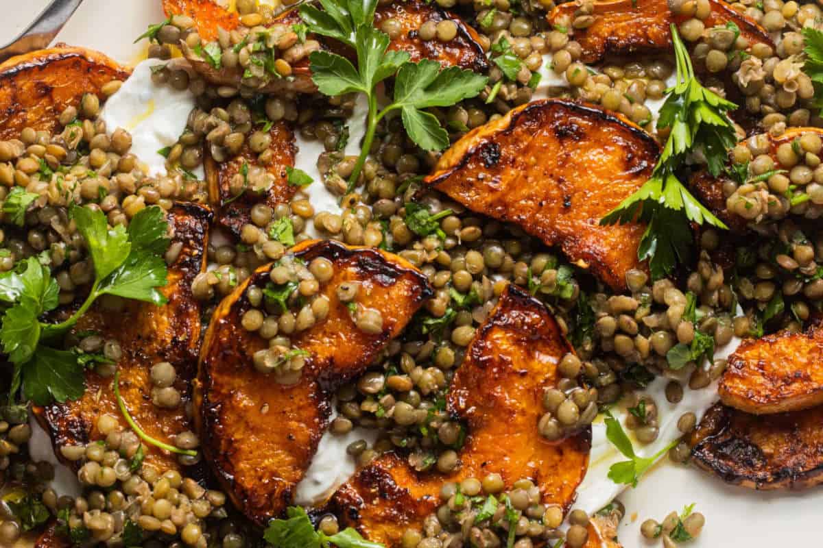 Close up image of spiced squash and lentils.