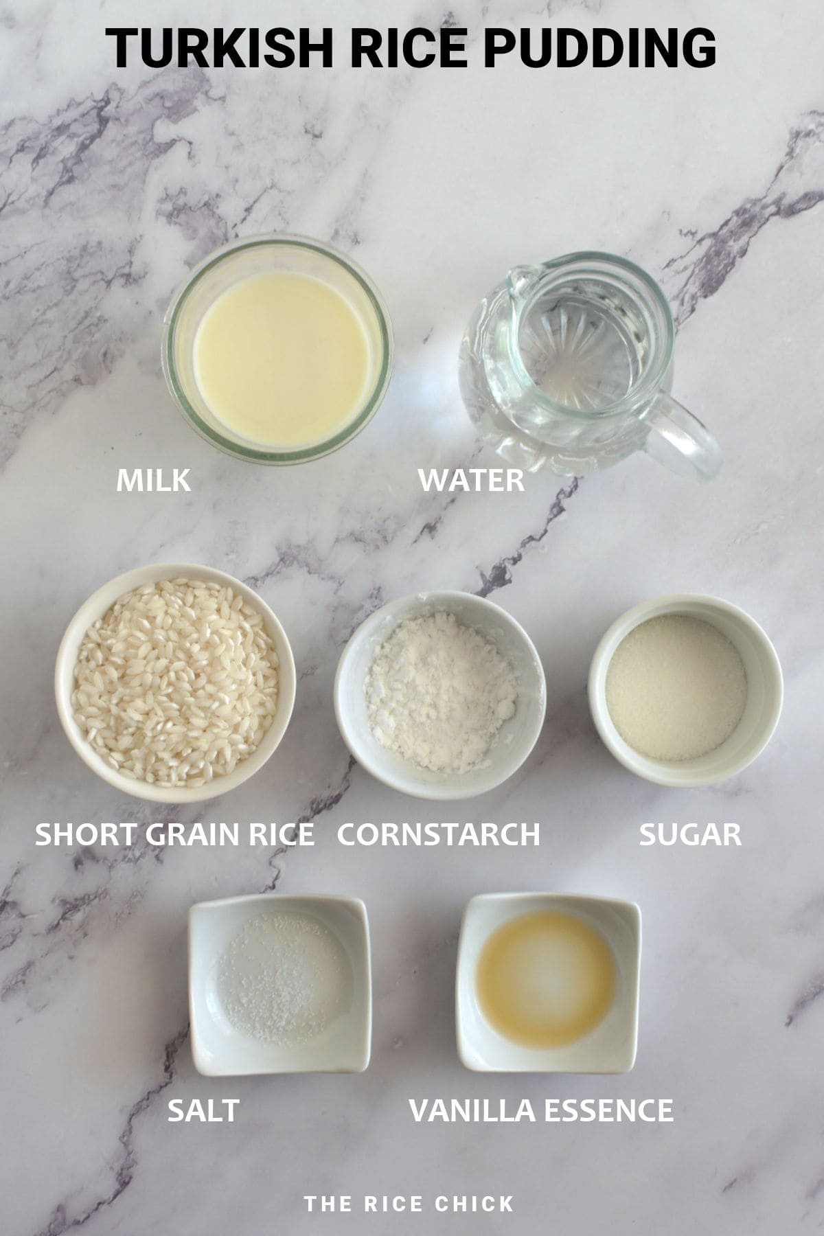 Ingredients for Turkish rice pudding.