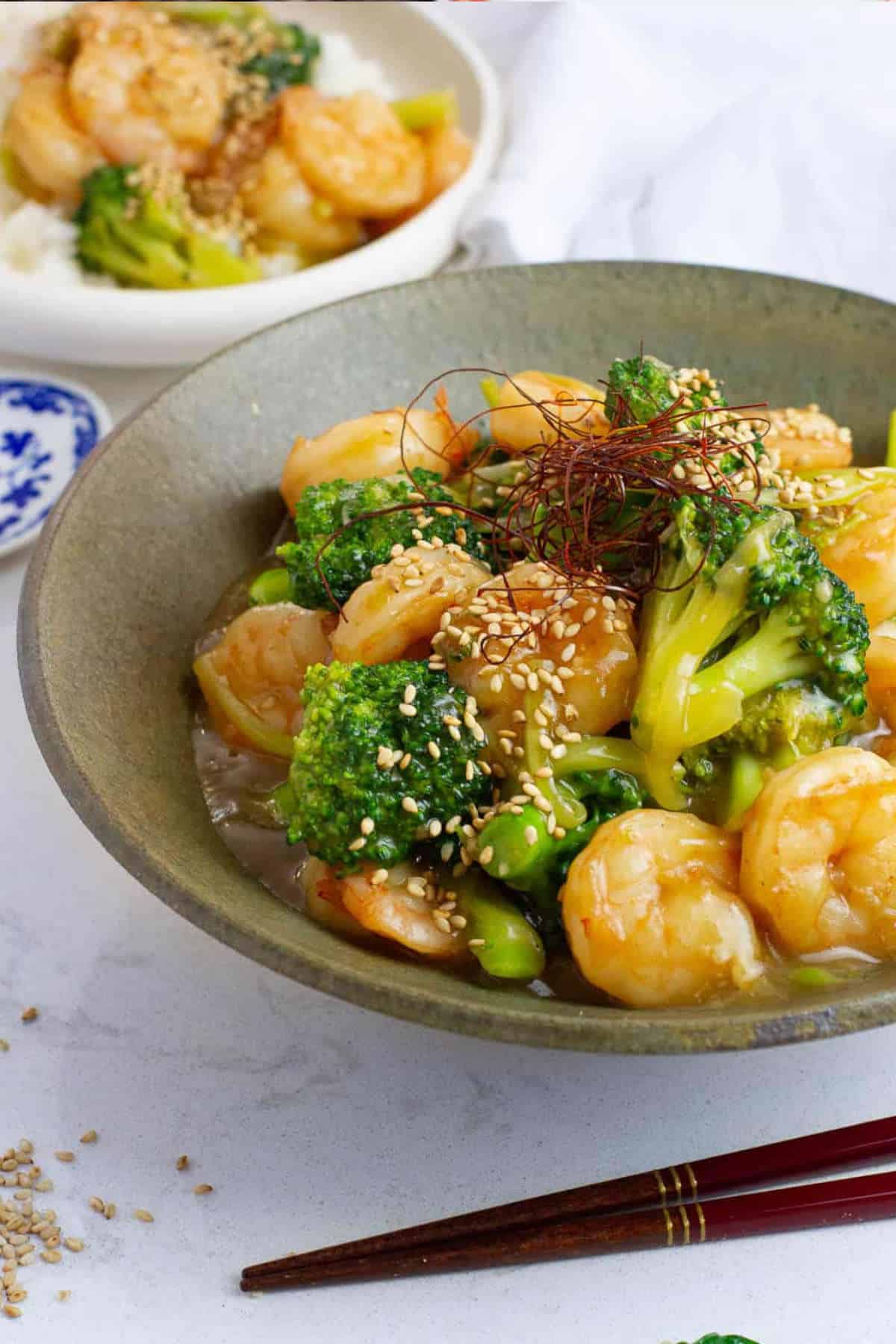 Shrimp and broccoli in a bowl.