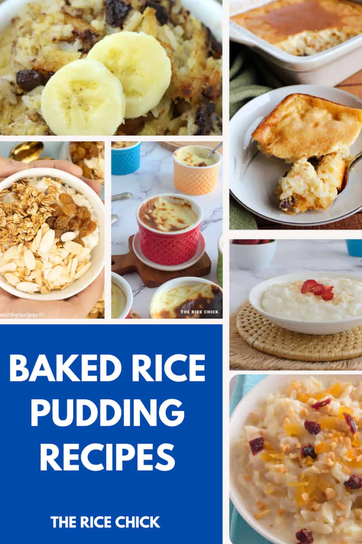 Collage of baked rice pudding recipes.