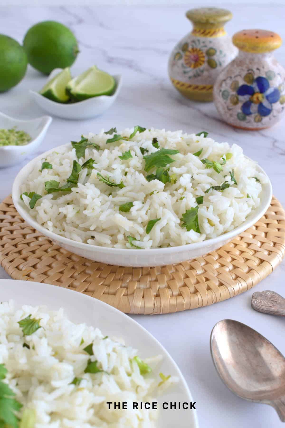 Close up image of rice in a white bowl.