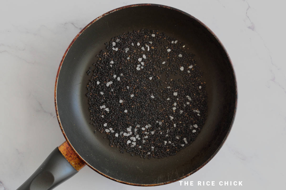 Salted kombu in a frying pan.