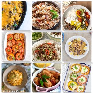 A collage of images of rice recipes with ground beef.