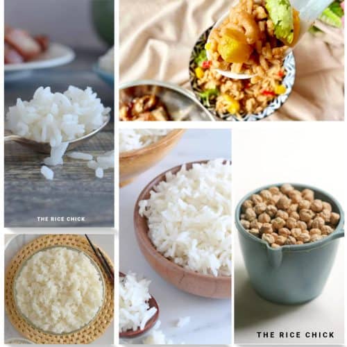Collection of different images for rice cooker recipes.