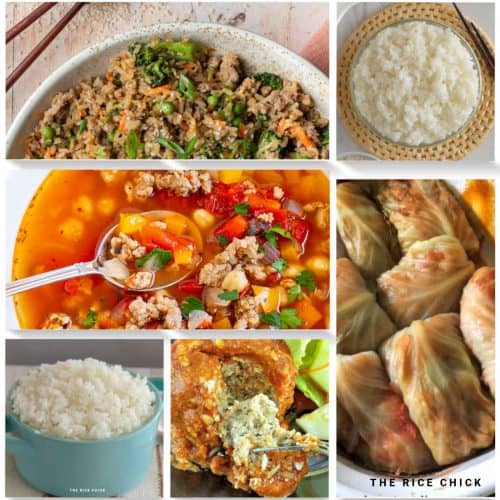 Collection of recipe images for ground turkey and rice.