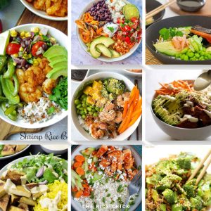 Collage of rice bowl recipe images.