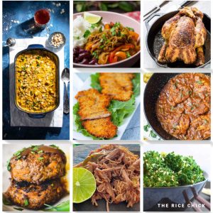 Collage of images of recipes that can be served with egg fried rice.