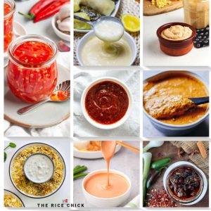 Collection of images of rice sauce recipes.