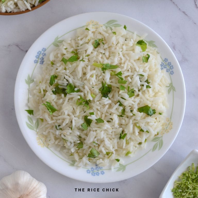 Lime rice in a white plate.