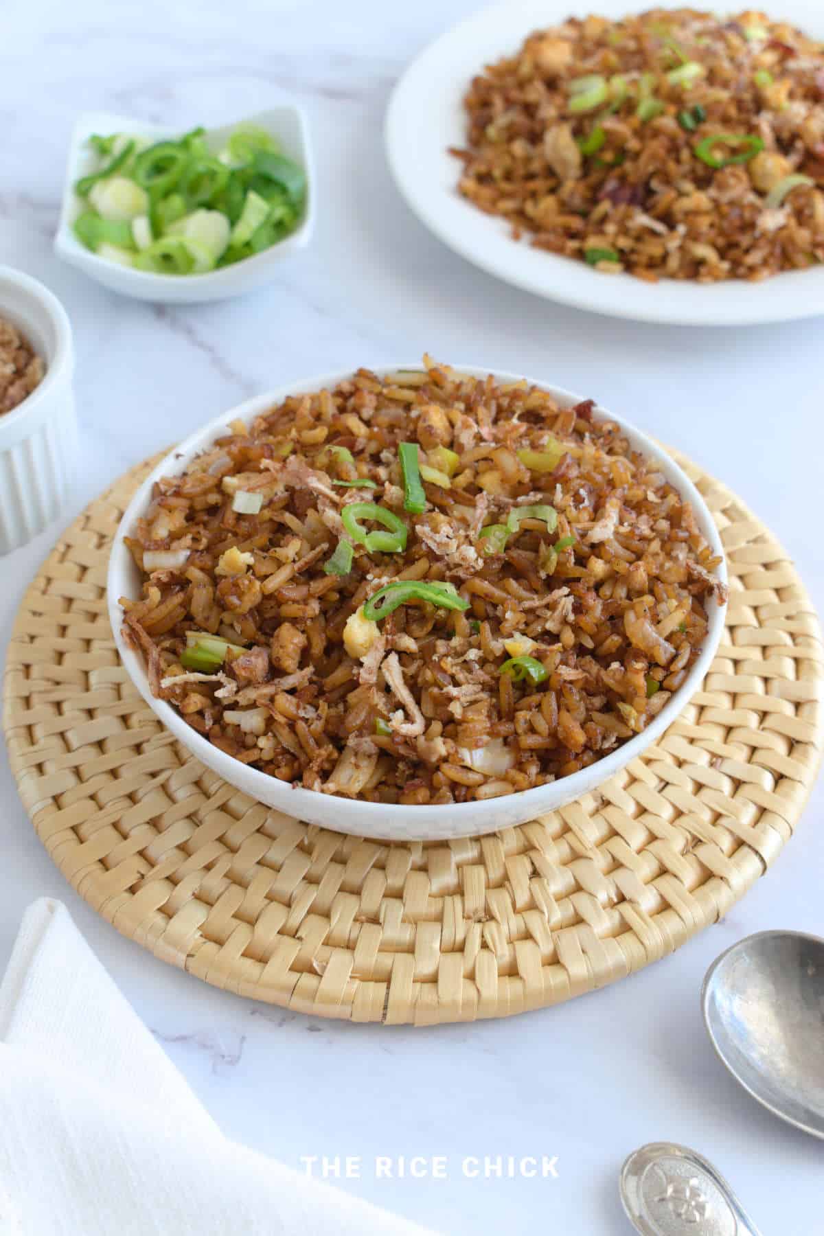 Fried rice in a white bowl.