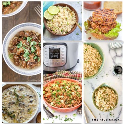 Collage of brown rice recipes.