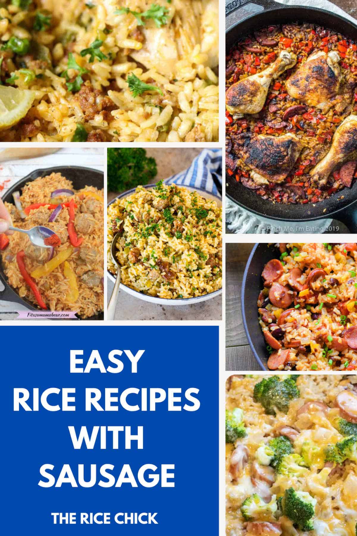 Collage of rice recipes with sausages.