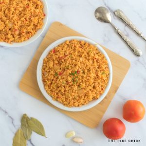 Close up image of jollof rice in a plate.