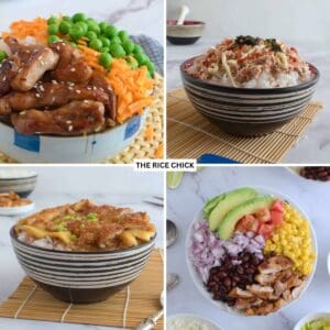 Collage of rice bowl recipes.