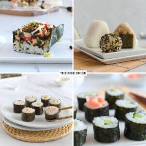 Collage of sushi images.