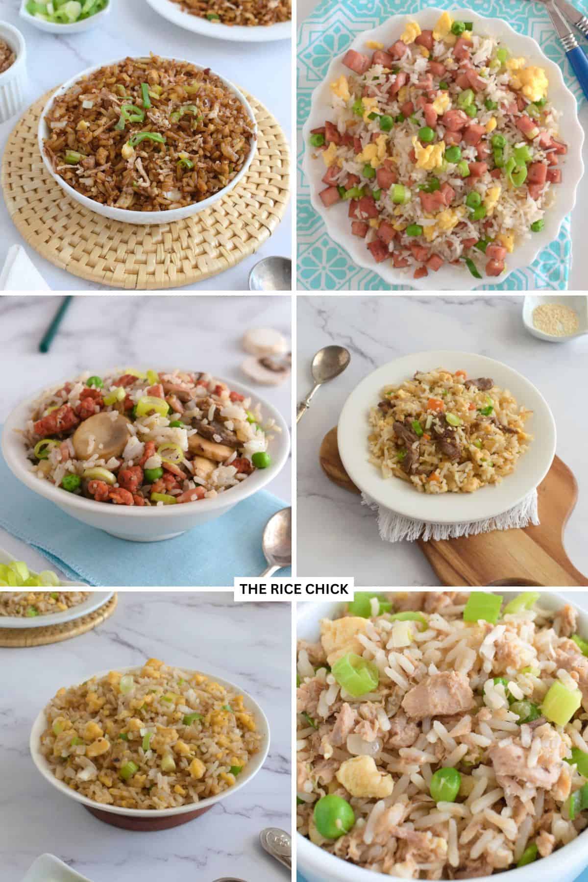 Collage of 6 fried rice recipes.